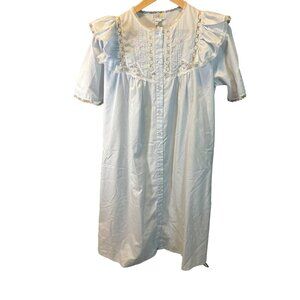 Vintage Claudia Barnes Nightgown Ruffled Lace Smocking Blue Button Front Size M